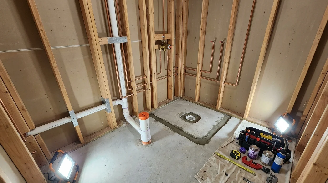 Bathroom rough-in plumbing during remodel by Johns Plumbing LLC in Ulysses