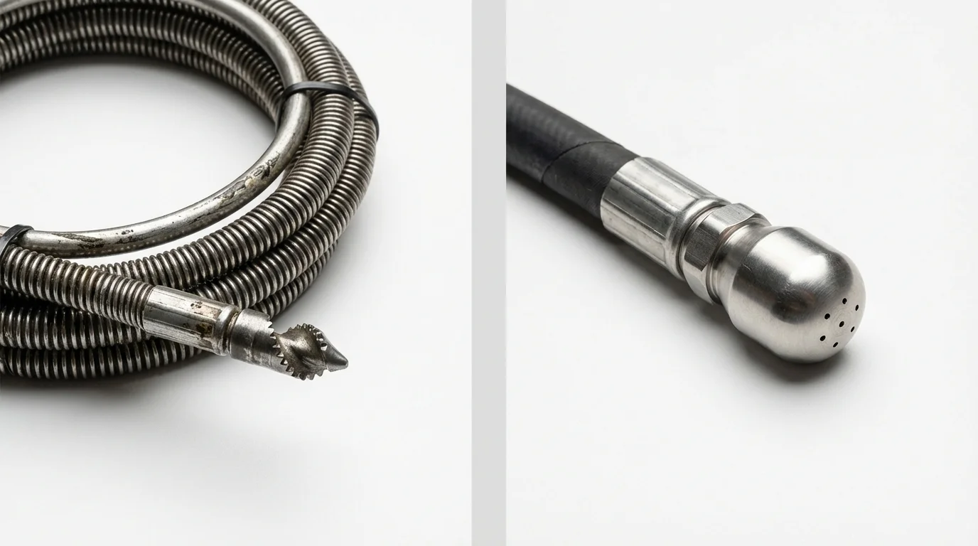 Drain snake cable and hydro jetting nozzle used for drain cleaning in Ulysses, KS