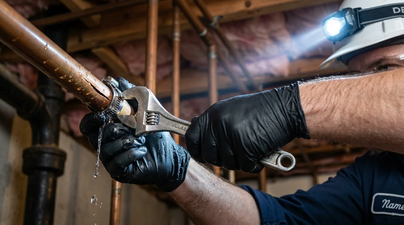 Emergency pipe clamp repair being performed by a Johns Plumbing LLC plumber in Ulysses
