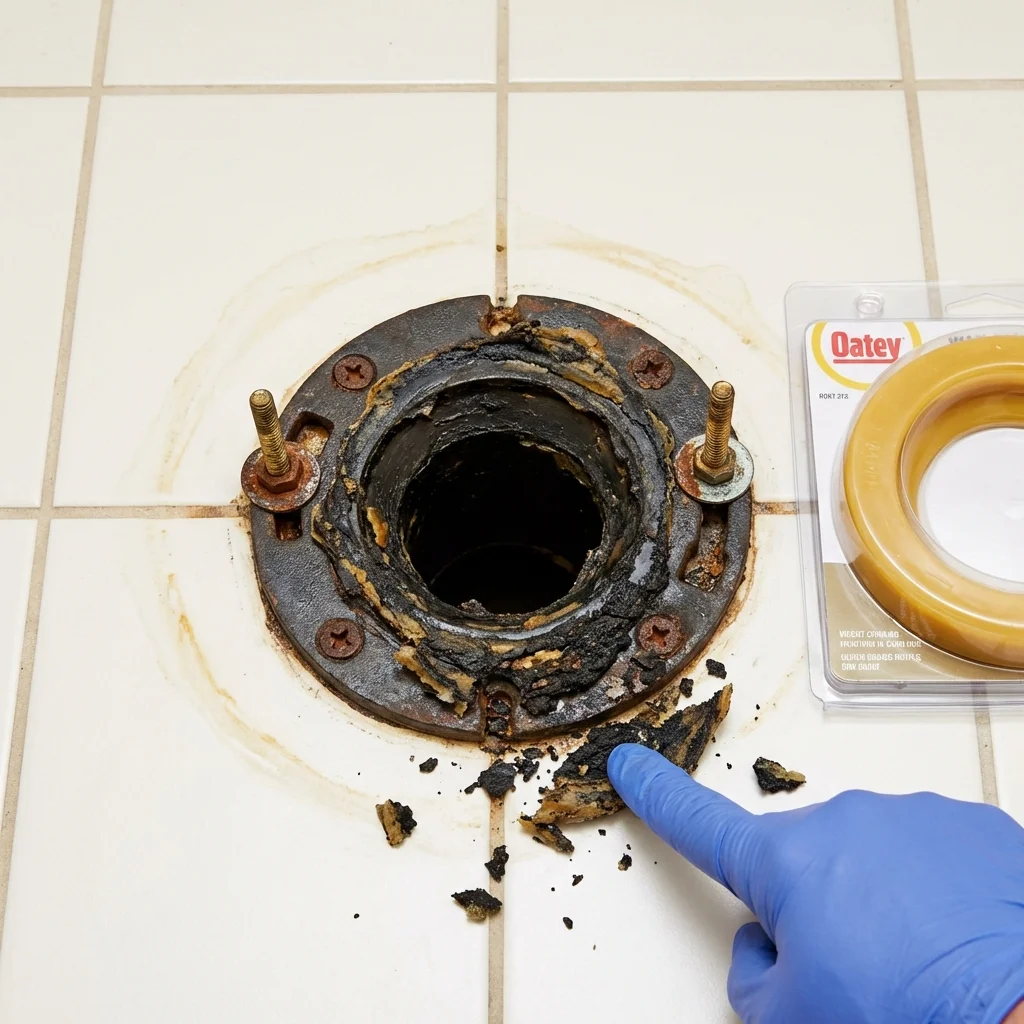 Failed wax ring showing water seepage at the base of a toilet in a Ulysses, KS home