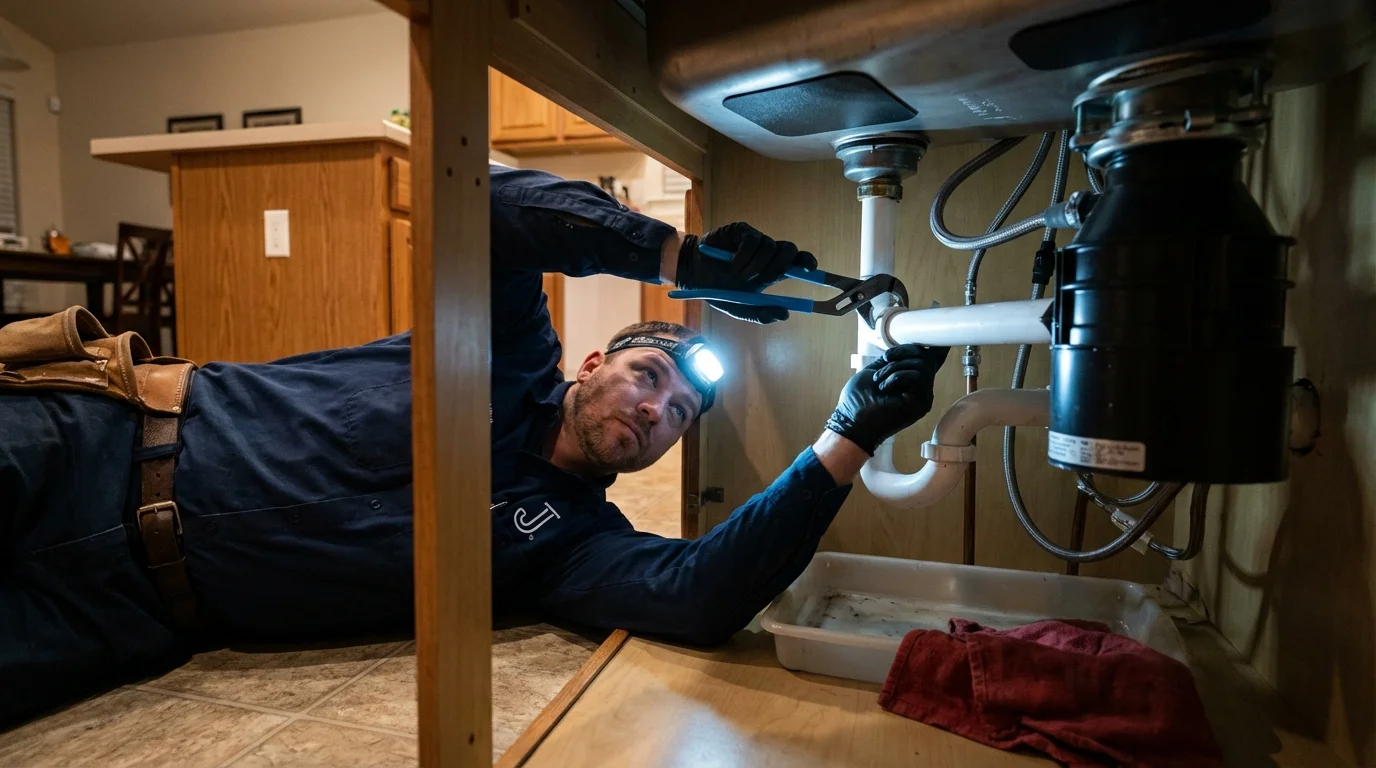 P-trap and supply line connections under a kitchen sink showing a common leak point in Ulysses, KS